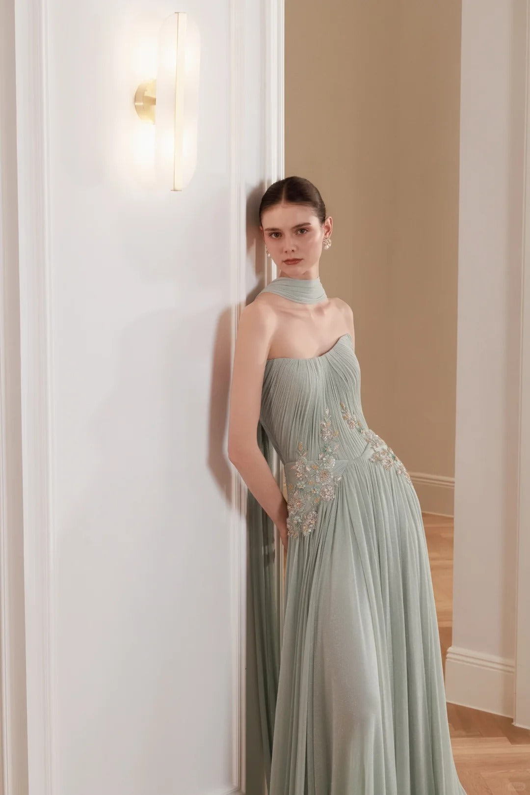 SL222 Sage Green Strapless Floral Appliqué Evening Dress with Flowing Scarves