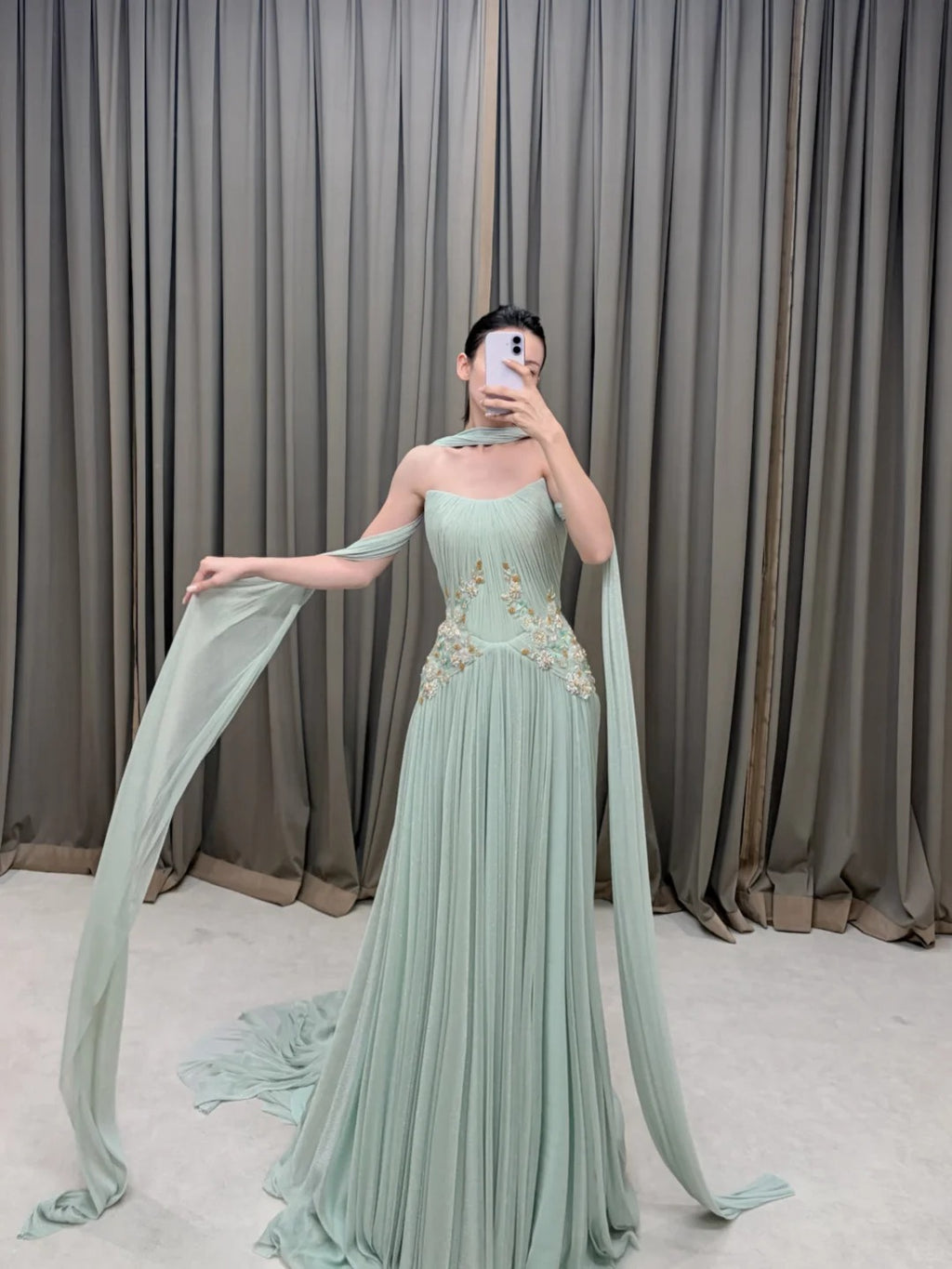 SL222 Sage Green Strapless Floral Appliqué Evening Dress with Flowing Scarves
