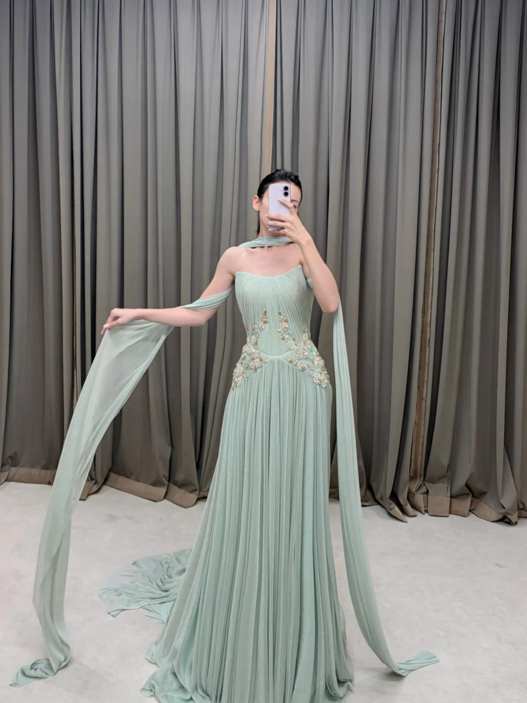 SL222 Sage Green Strapless Floral Appliqué Evening Dress with Flowing Scarves