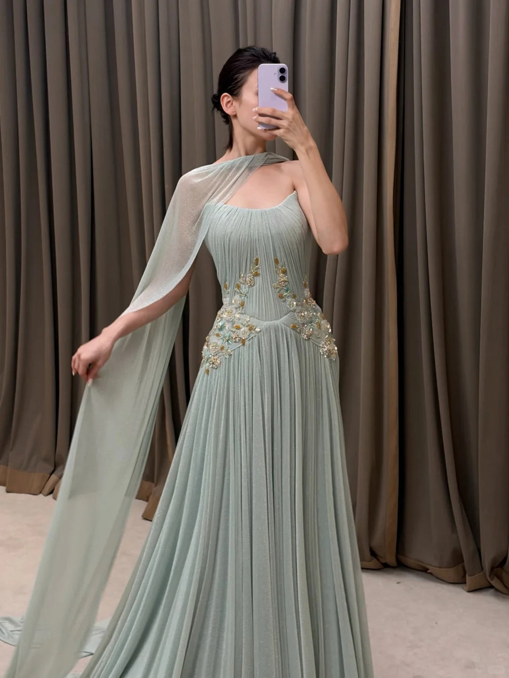 SL222 Sage Green Strapless Floral Appliqué Evening Dress with Flowing Scarves