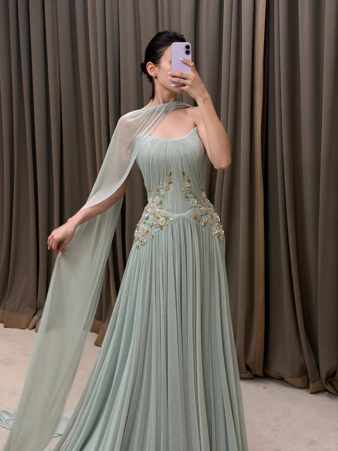 SL222 Sage Green Strapless Floral Appliqué Evening Dress with Flowing Scarves