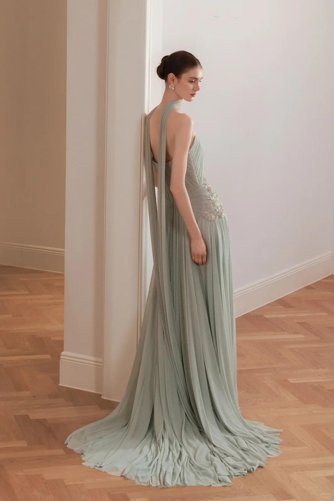 SL222 Sage Green Strapless Floral Appliqué Evening Dress with Flowing Scarves