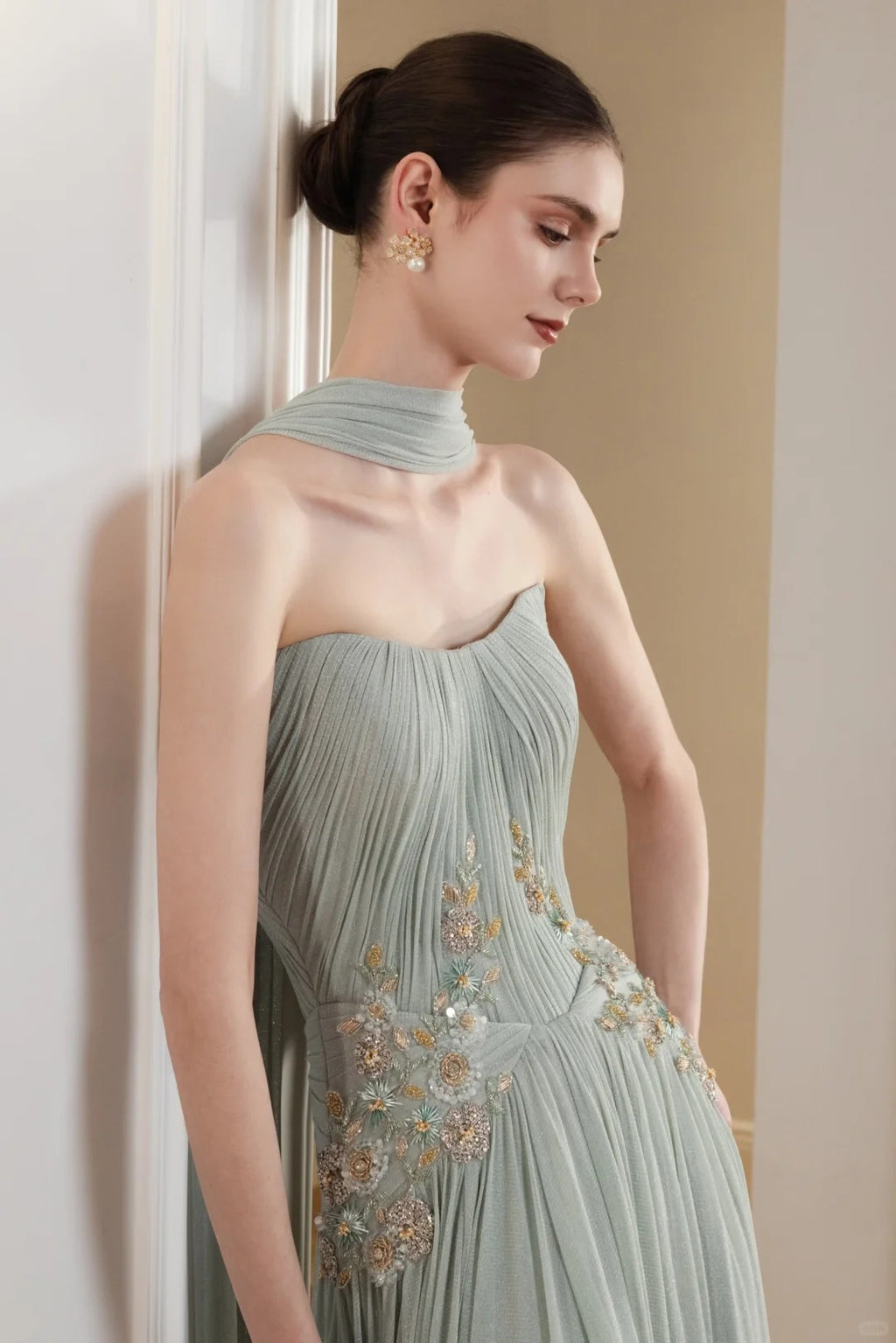 SL222 Sage Green Strapless Floral Appliqué Evening Dress with Flowing Scarves