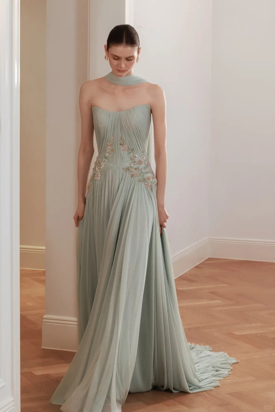 SL222 Sage Green Strapless Floral Appliqué Evening Dress with Flowing Scarves