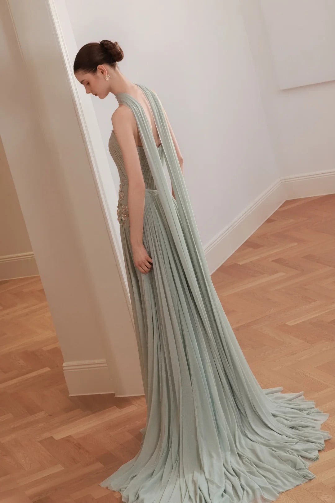 SL222 Sage Green Strapless Floral Appliqué Evening Dress with Flowing Scarves