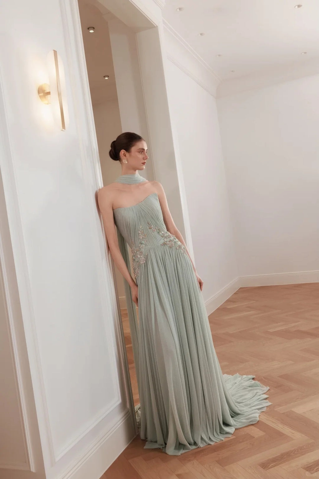 SL222 Sage Green Strapless Floral Appliqué Evening Dress with Flowing Scarves
