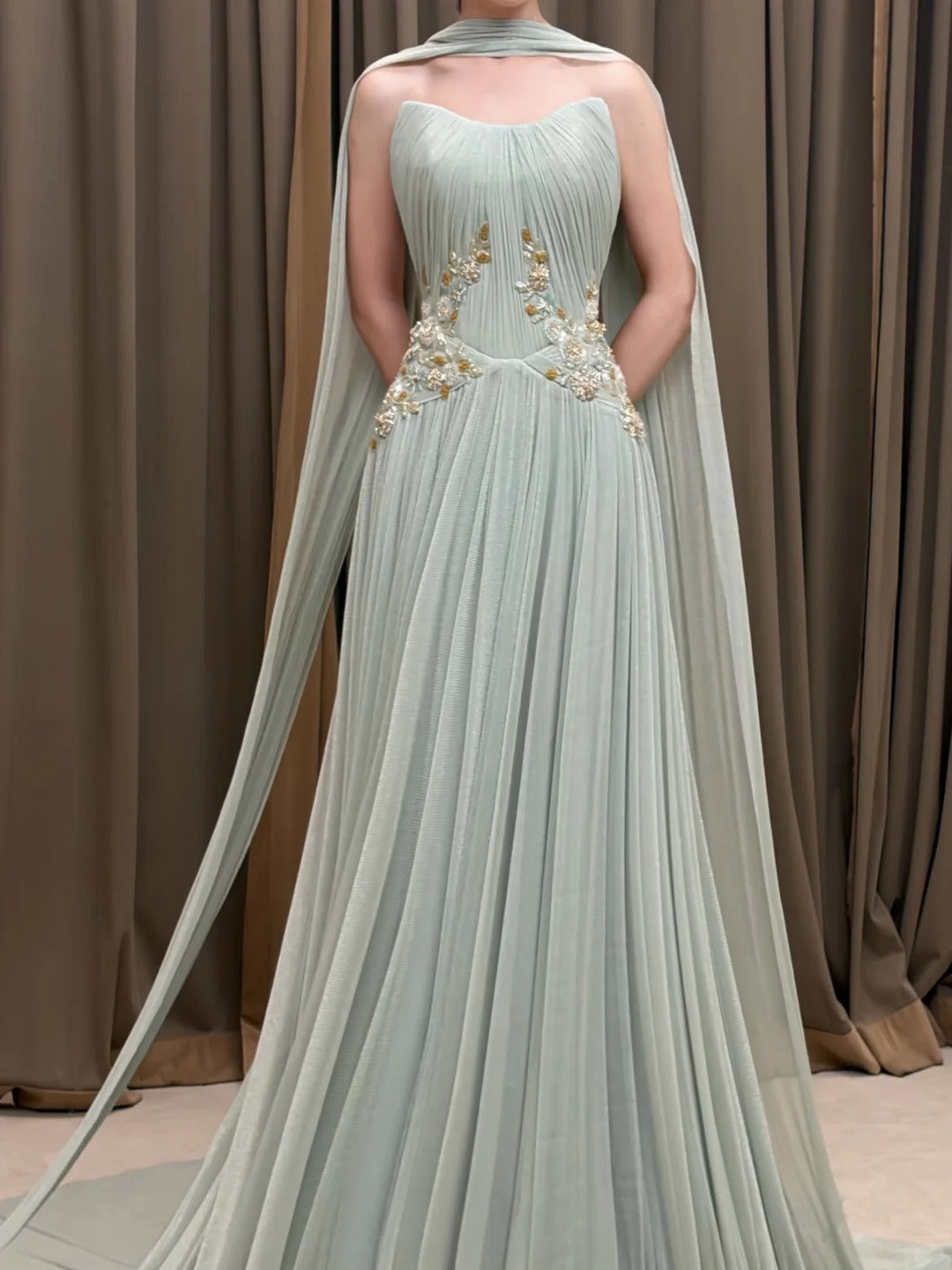 SL222 Sage Green Strapless Floral Appliqué Evening Dress with Flowing Scarves