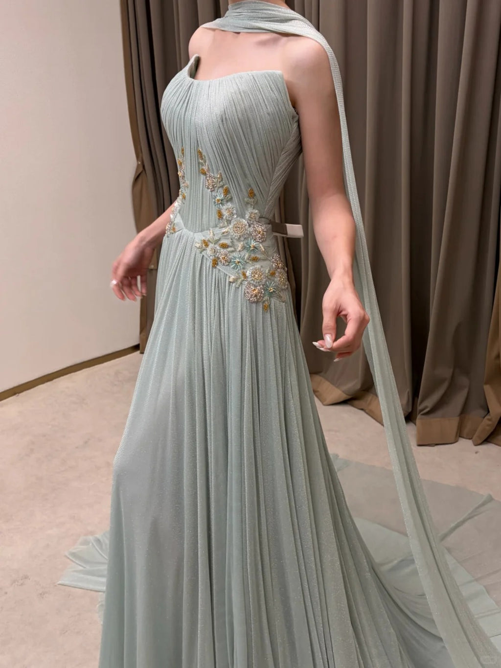SL222 Sage Green Strapless Floral Appliqué Evening Dress with Flowing Scarves