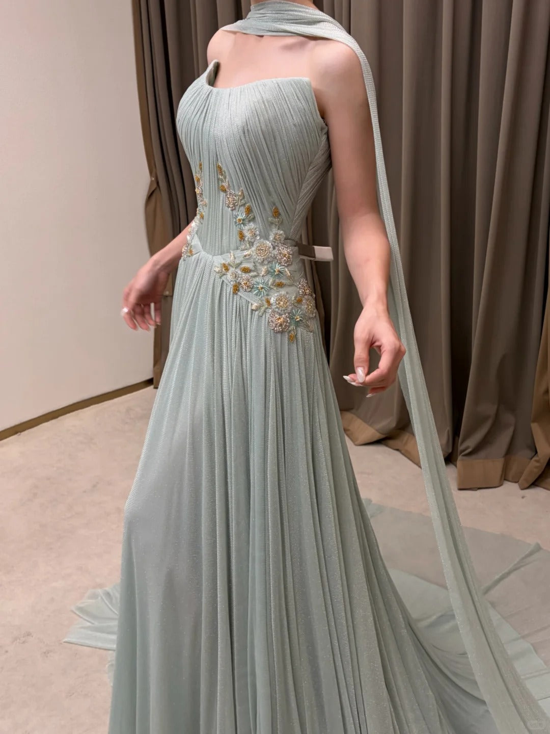 SL222 Sage Green Strapless Floral Appliqué Evening Dress with Flowing Scarves