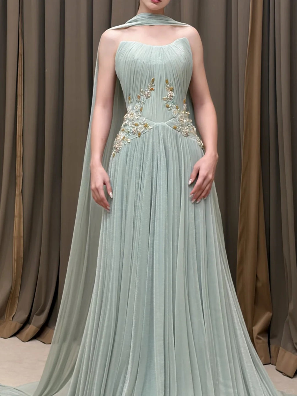 SL222 Sage Green Strapless Floral Appliqué Evening Dress with Flowing Scarves