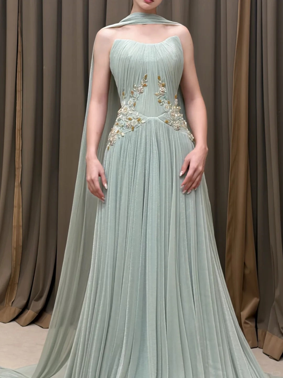 SL222 Sage Green Strapless Floral Appliqué Evening Dress with Flowing Scarves