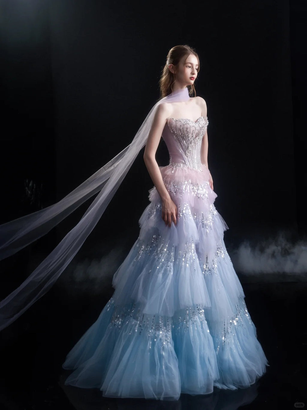 Ethereal Pastel Ombre Corset Beaded Tiered Tulle Evening Gown SL227