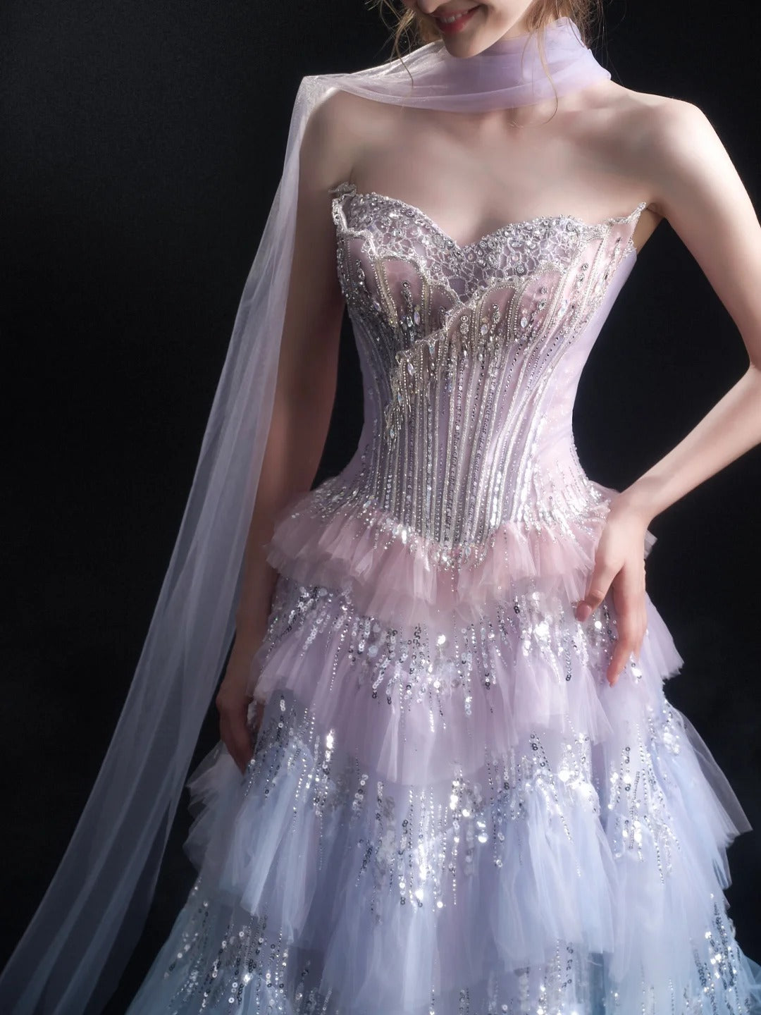 Ethereal Pastel Ombre Corset Beaded Tiered Tulle Evening Gown SL227