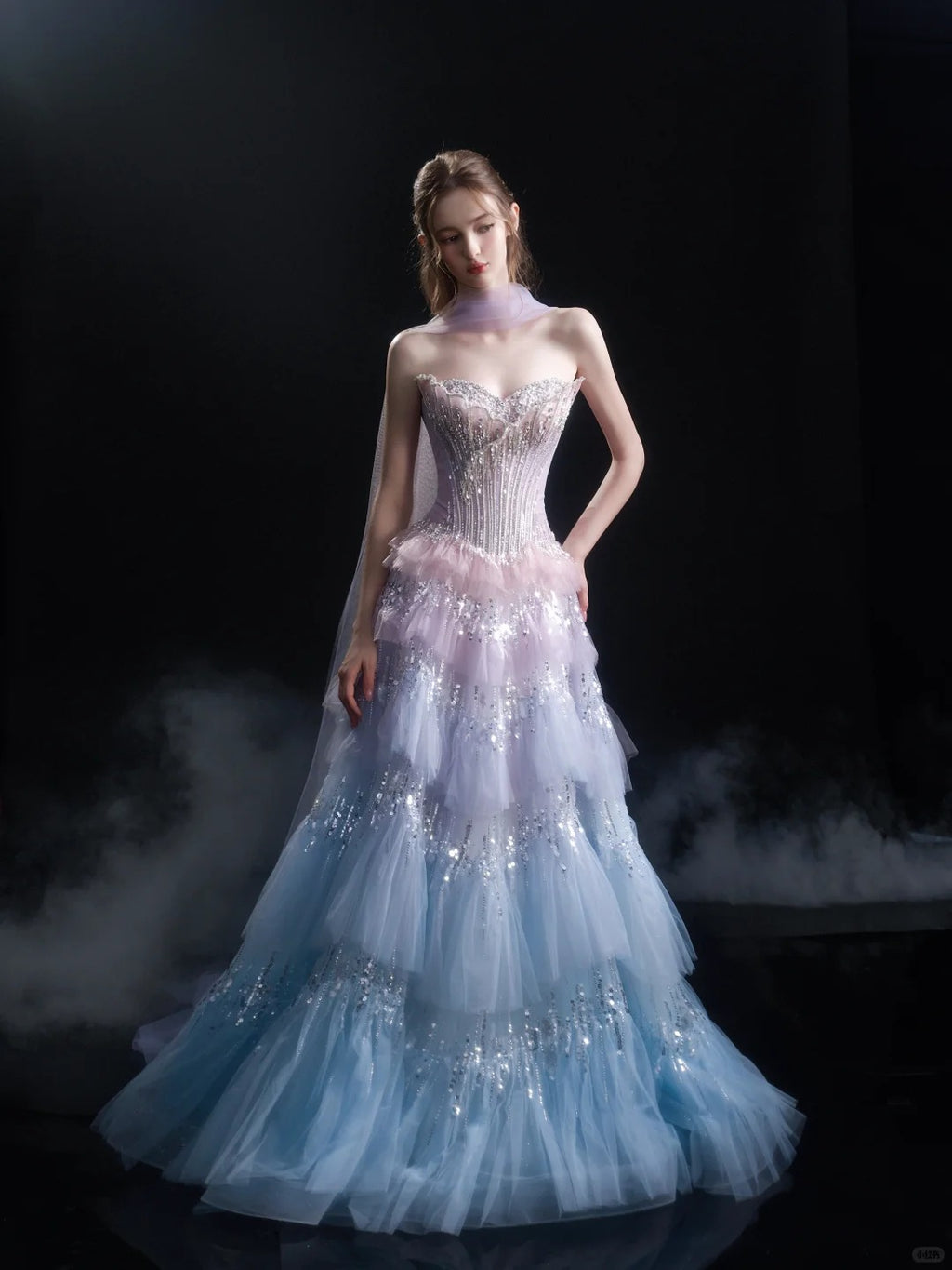 Ethereal Pastel Ombre Corset Beaded Tiered Tulle Evening Gown SL227