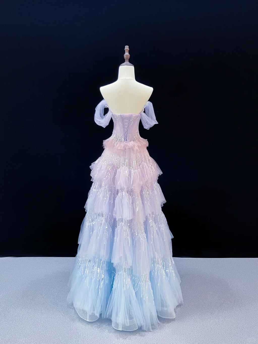 Ethereal Pastel Ombre Corset Beaded Tiered Tulle Evening Gown SL227