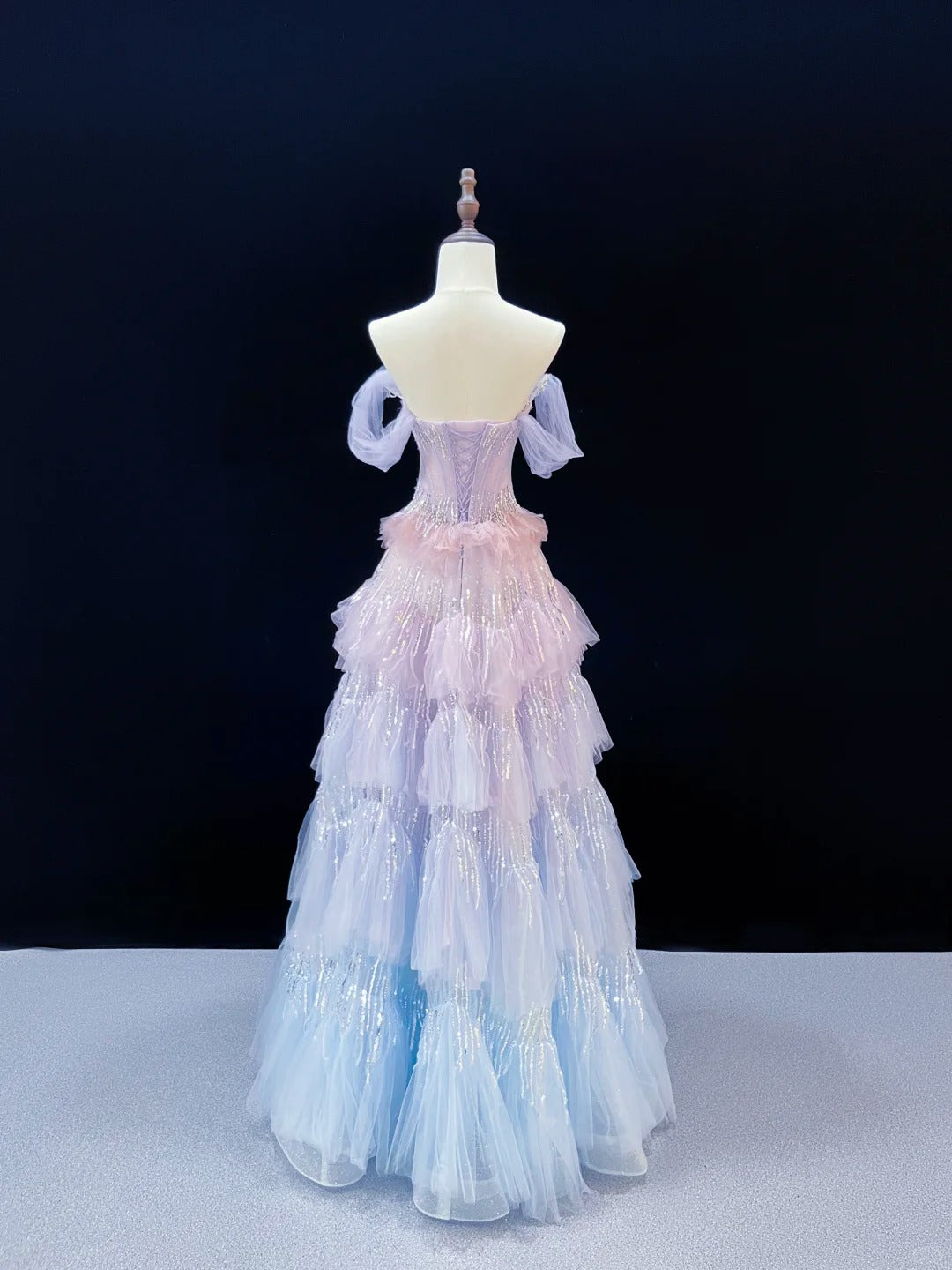 Ethereal Pastel Ombre Corset Beaded Tiered Tulle Evening Gown SL227