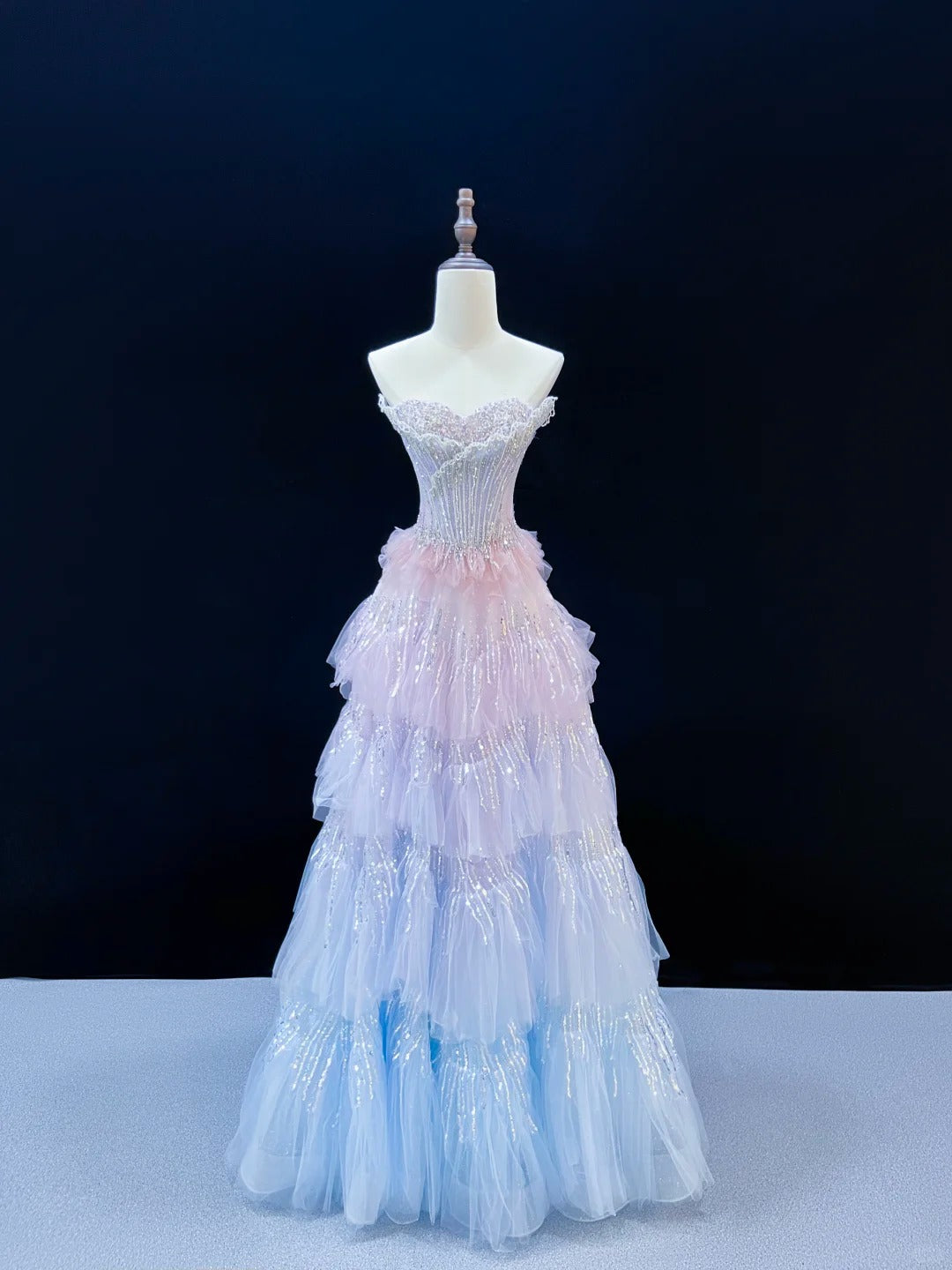 Ethereal Pastel Ombre Corset Beaded Tiered Tulle Evening Gown SL227