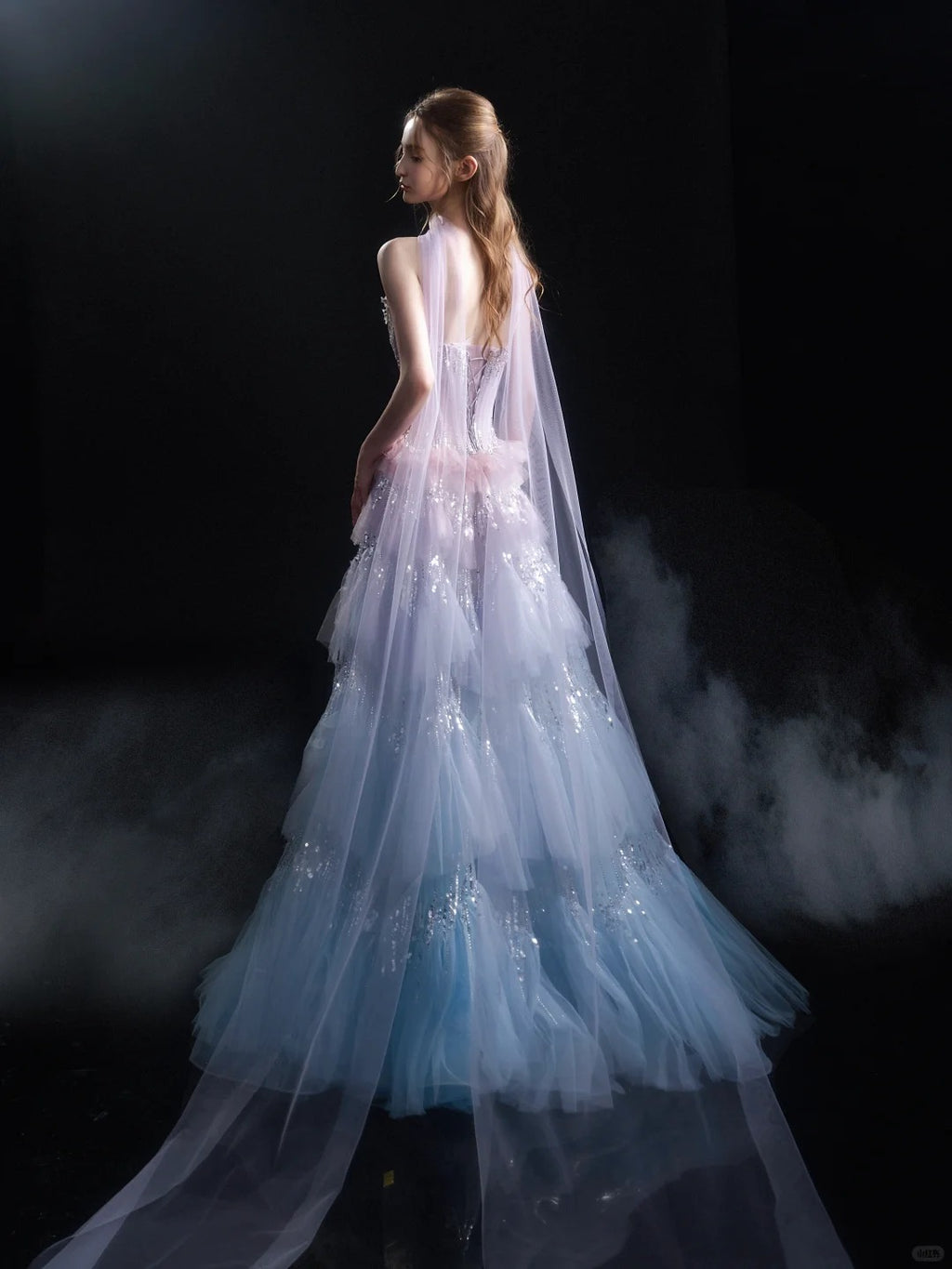 Ethereal Pastel Ombre Corset Beaded Tiered Tulle Evening Gown SL227