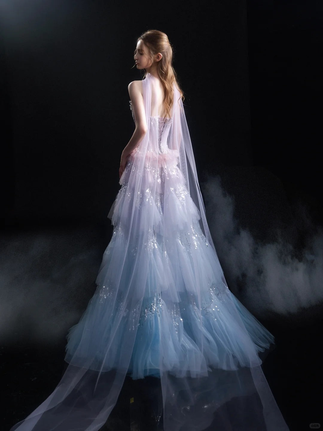 Ethereal Pastel Ombre Corset Beaded Tiered Tulle Evening Gown SL227