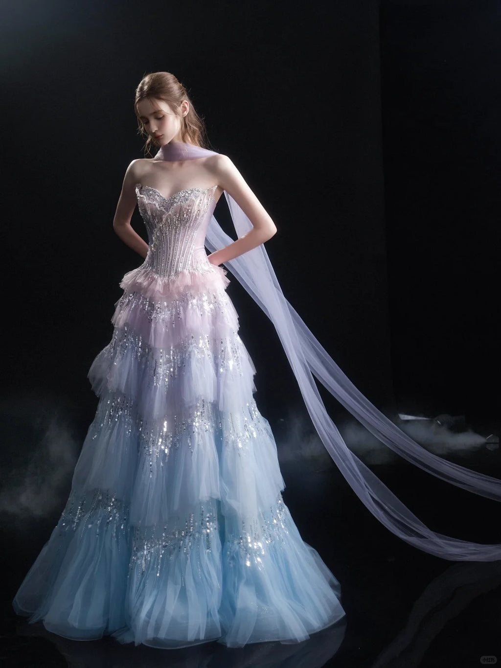 Ethereal Pastel Ombre Corset Beaded Tiered Tulle Evening Gown SL227