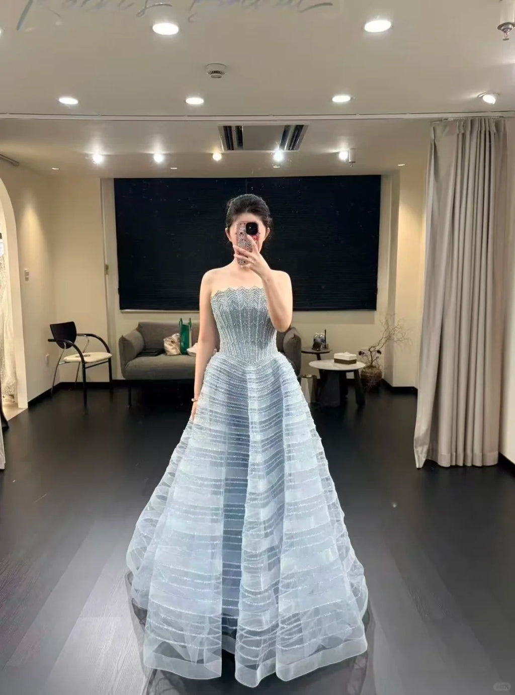 SL229 Blue Beaded Corset Tiered Glitter Ball Gown Evening Dress