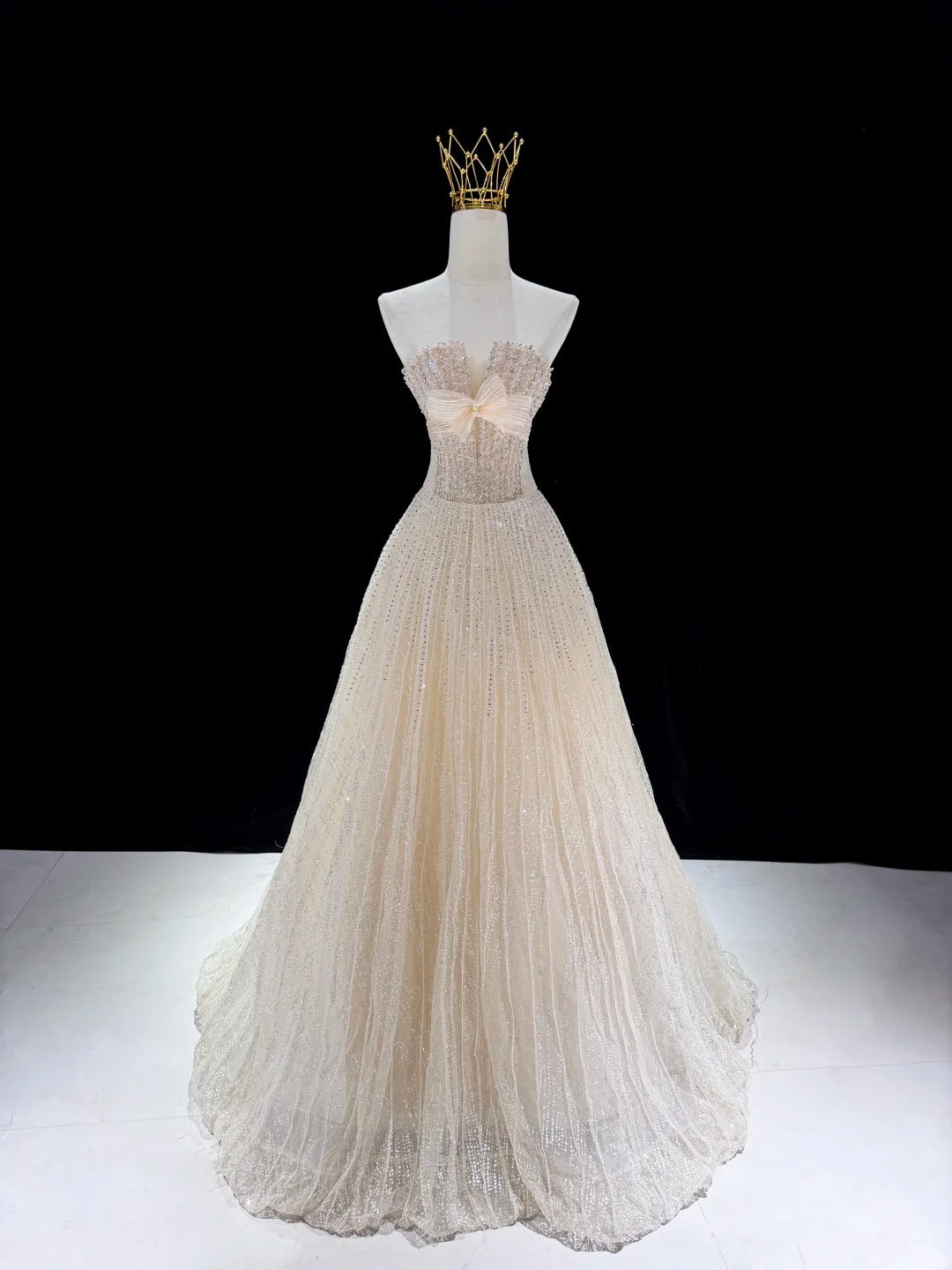 Champagne Glitter Bow Sweetheart Sparkle Ball Gown Evening Dress SL230