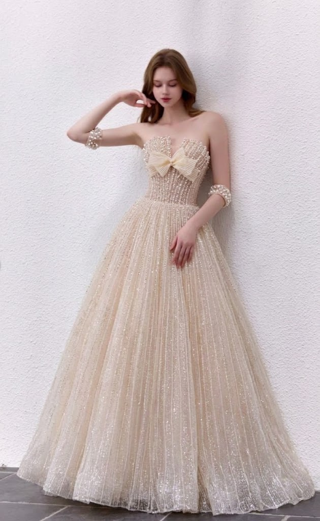 Champagne Glitter Bow Sweetheart Sparkle Ball Gown Evening Dress SL230
