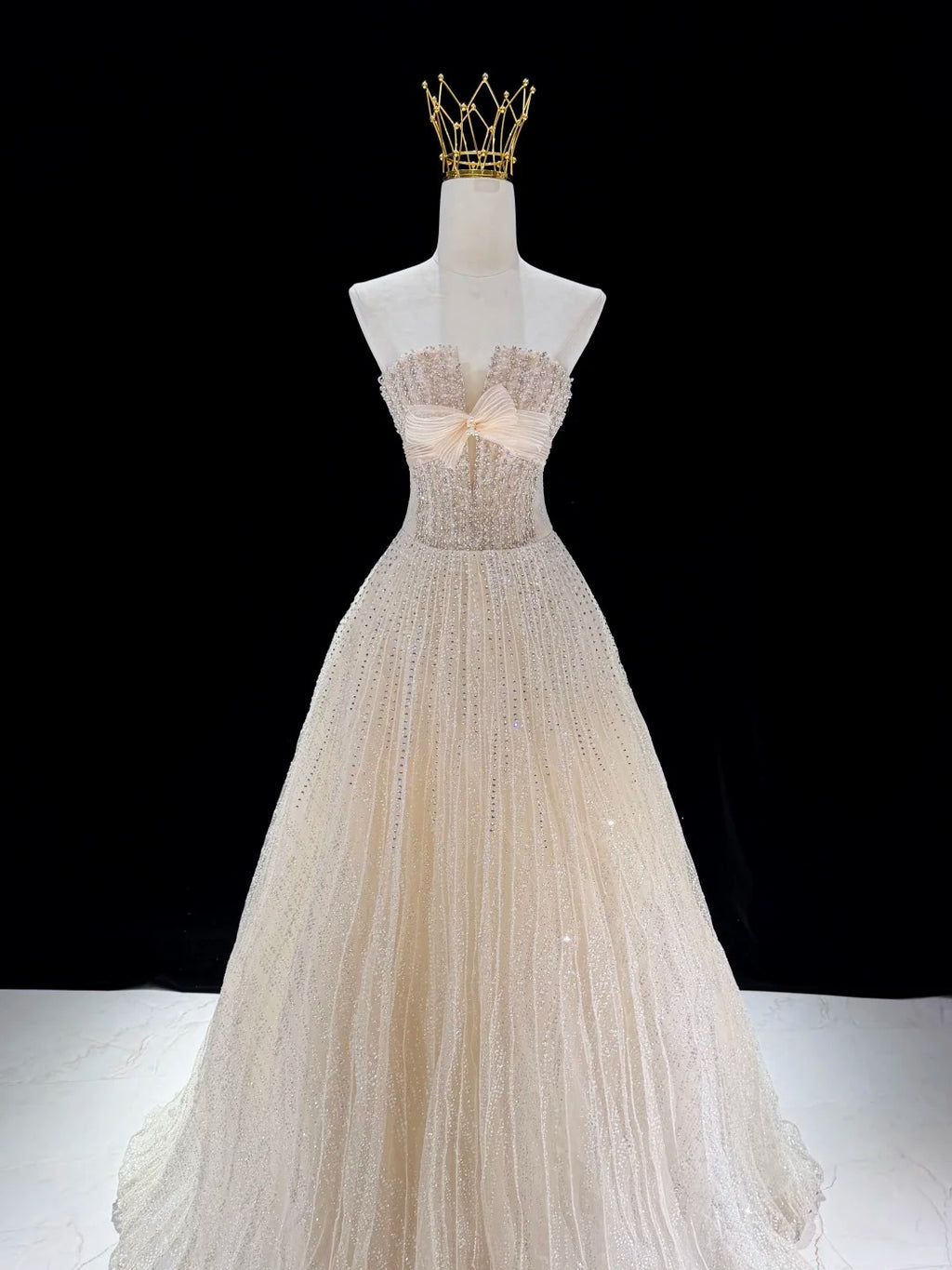 Champagne Glitter Bow Sweetheart Sparkle Ball Gown Evening Dress SL230