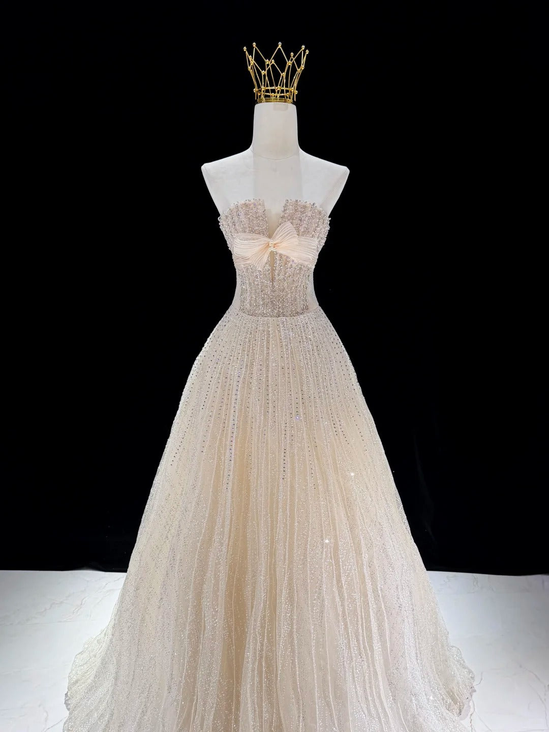 Champagne Glitter Bow Sweetheart Sparkle Ball Gown Evening Dress SL230