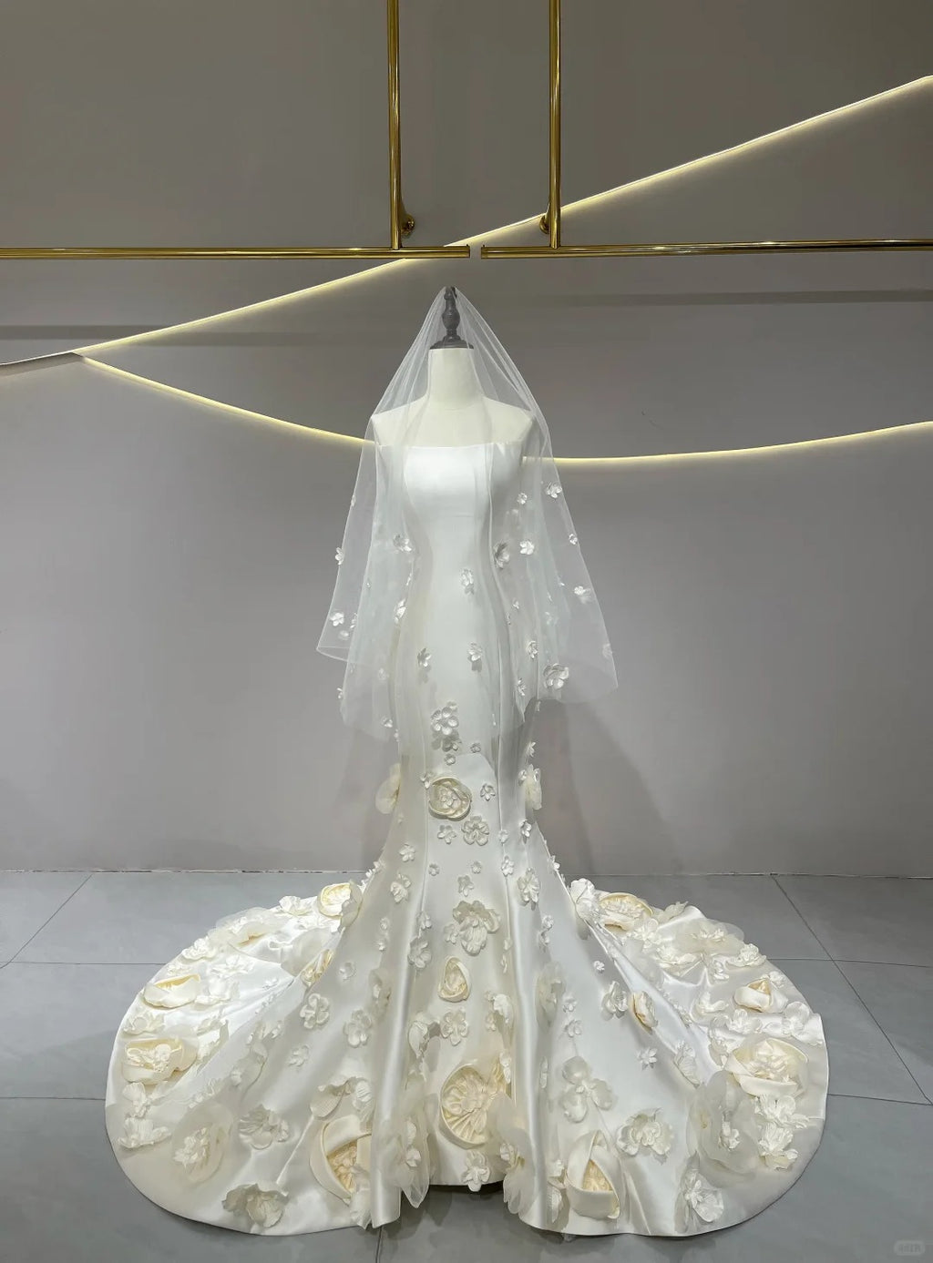 SL236 White Satin Strapless 3D Flower Petal Mermaid Bridal Formal Gown