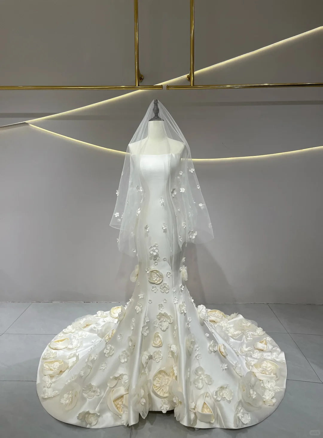 SL236 White Satin Strapless 3D Flower Petal Mermaid Bridal Formal Gown