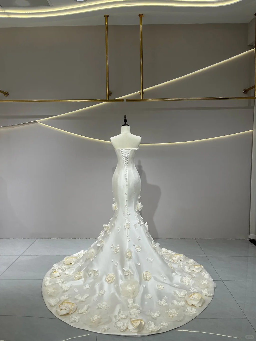 SL236 White Satin Strapless 3D Flower Petal Mermaid Bridal Formal Gown