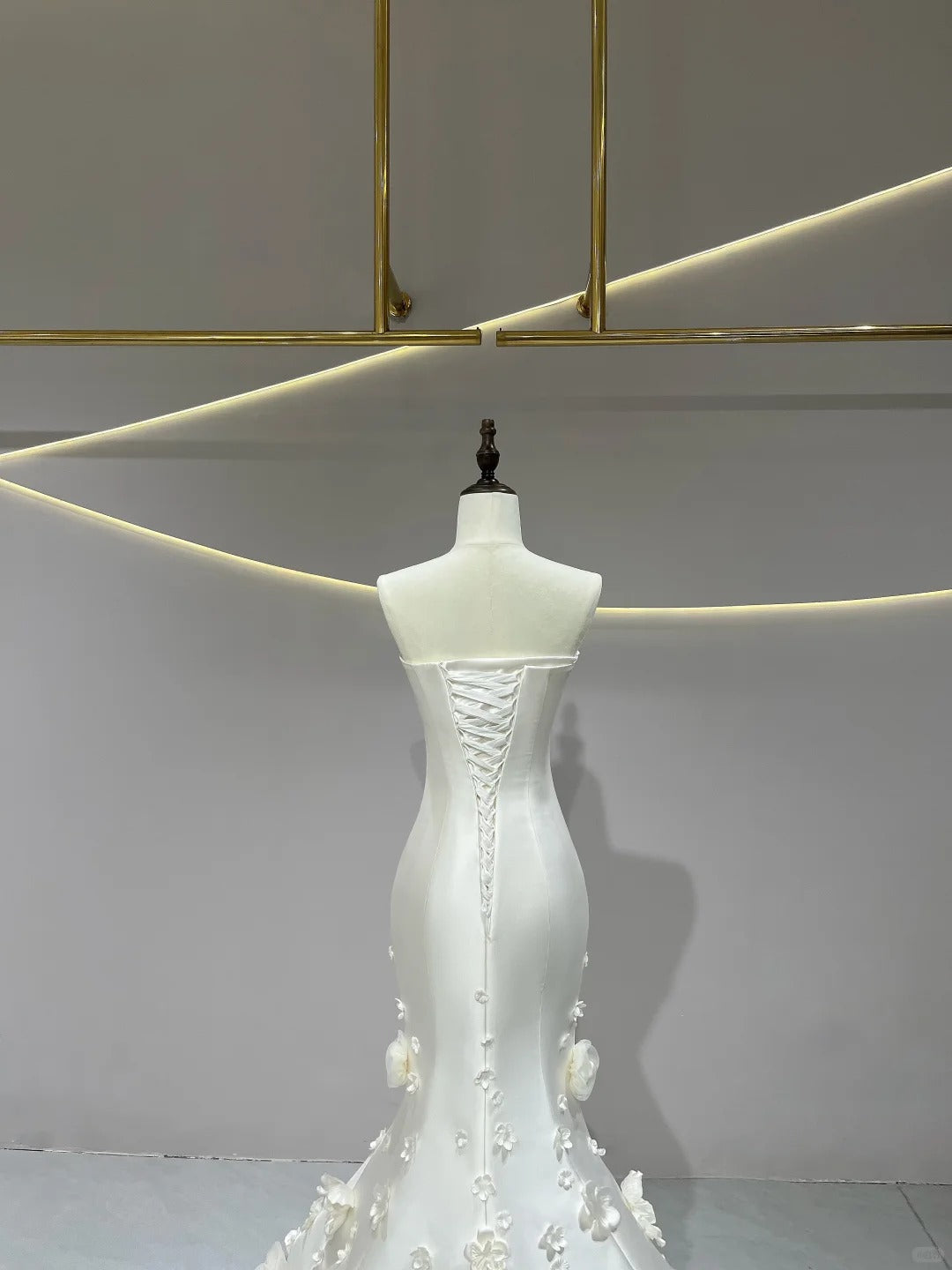 SL236 White Satin Strapless 3D Flower Petal Mermaid Bridal Formal Gown