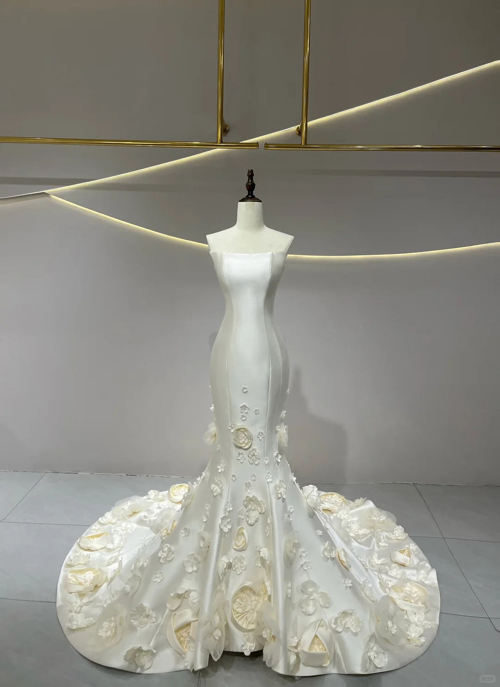 SL236 White Satin Strapless 3D Flower Petal Mermaid Bridal Formal Gown