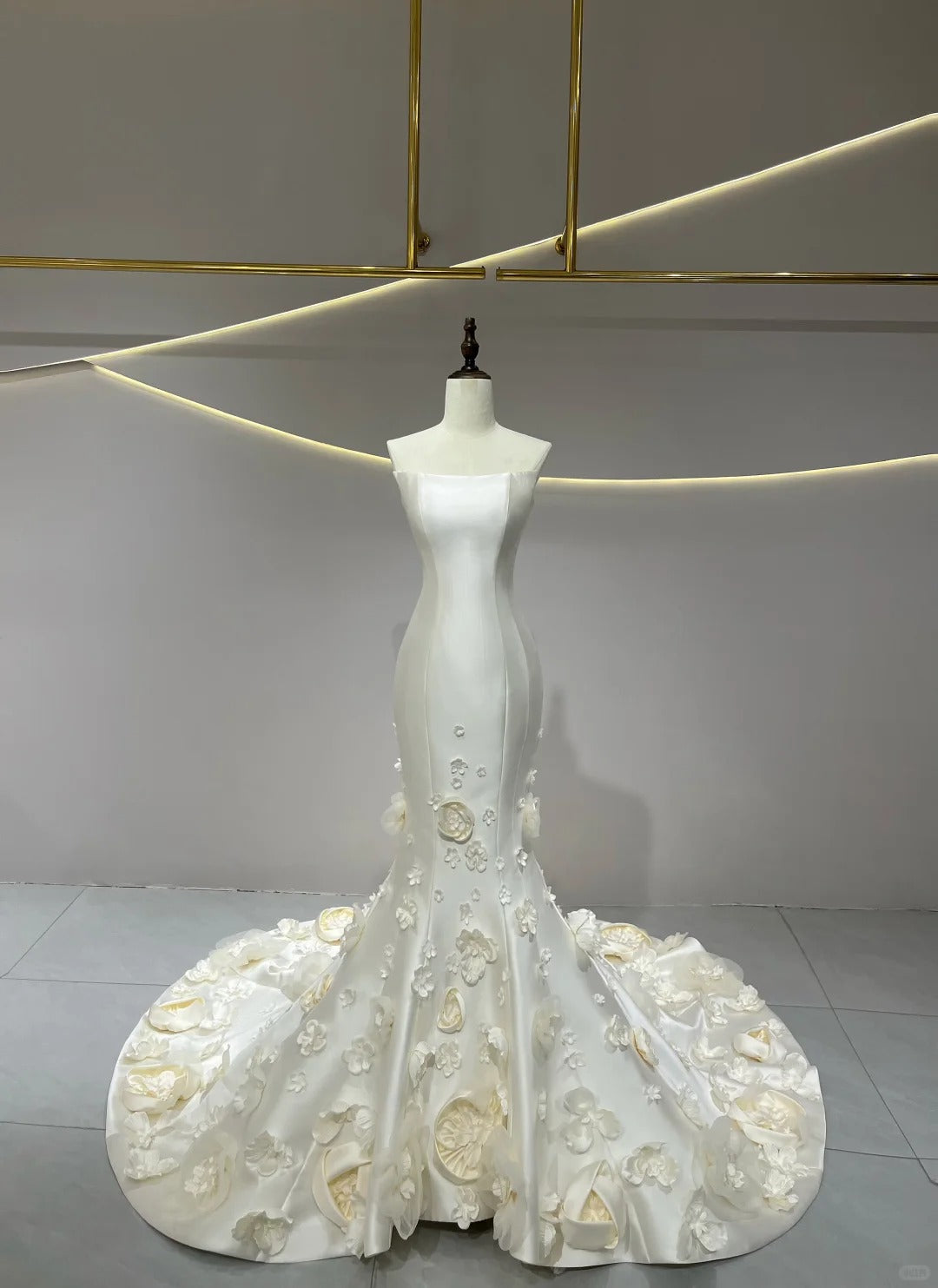SL236 White Satin Strapless 3D Flower Petal Mermaid Bridal Formal Gown