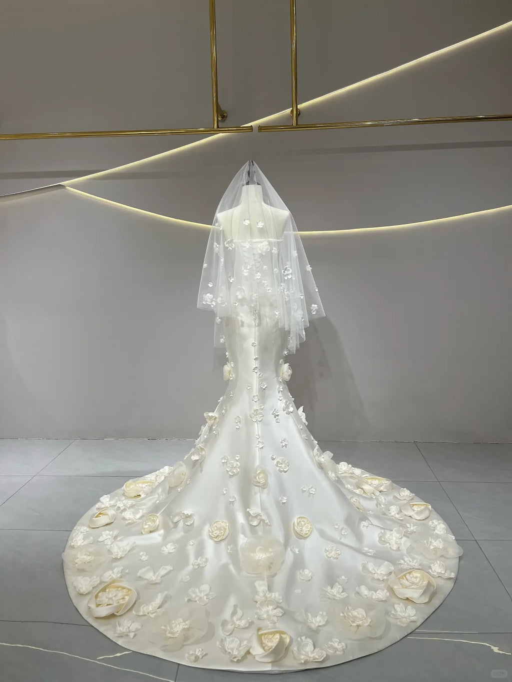 SL236 White Satin Strapless 3D Flower Petal Mermaid Bridal Formal Gown