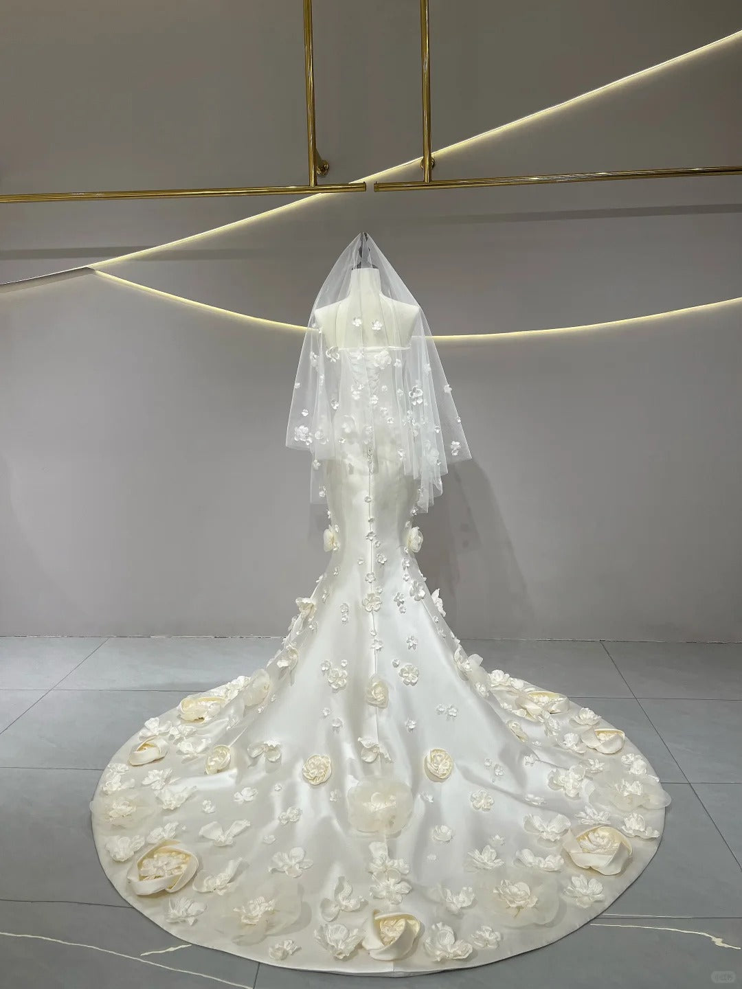 SL236 White Satin Strapless 3D Flower Petal Mermaid Bridal Formal Gown