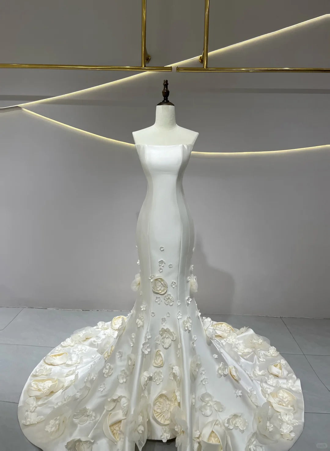 SL236 White Satin Strapless 3D Flower Petal Mermaid Bridal Formal Gown