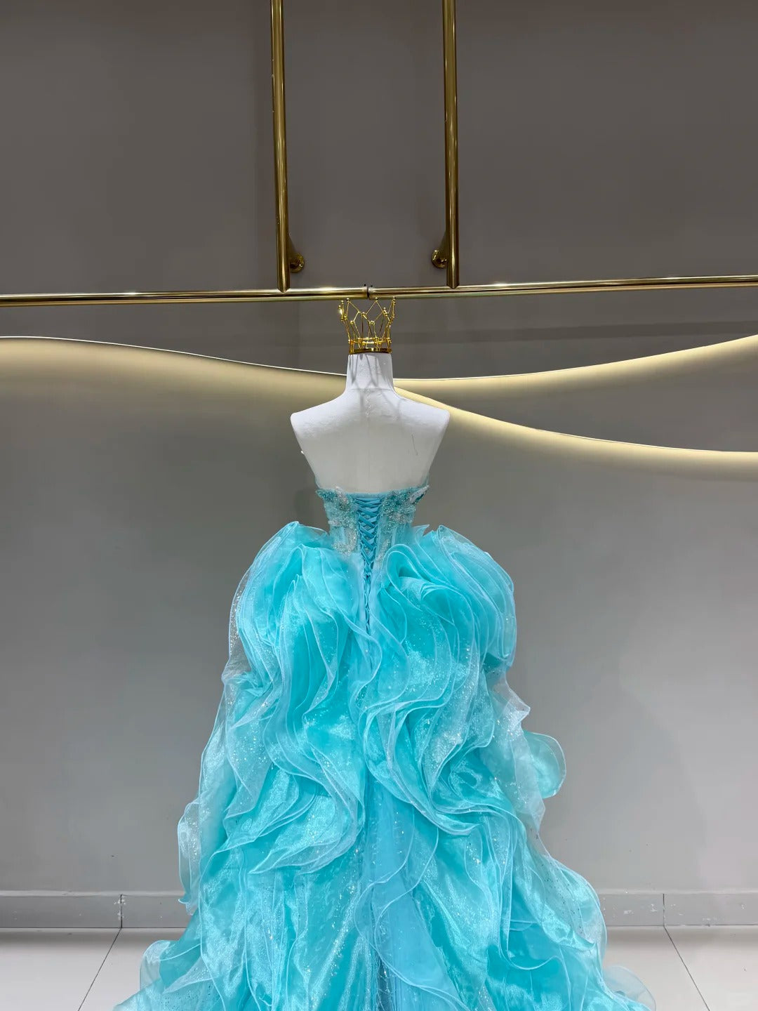 SL231 Aqua Crystal Beaded Mermaid Dress with Voluminous Ruffle Overskirt