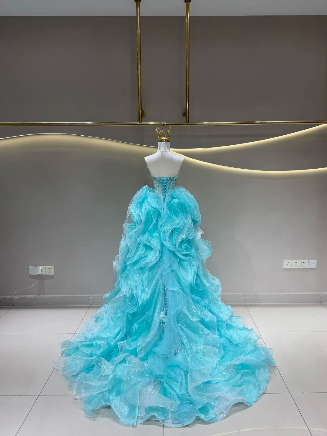SL231 Aqua Crystal Beaded Mermaid Dress with Voluminous Ruffle Overskirt