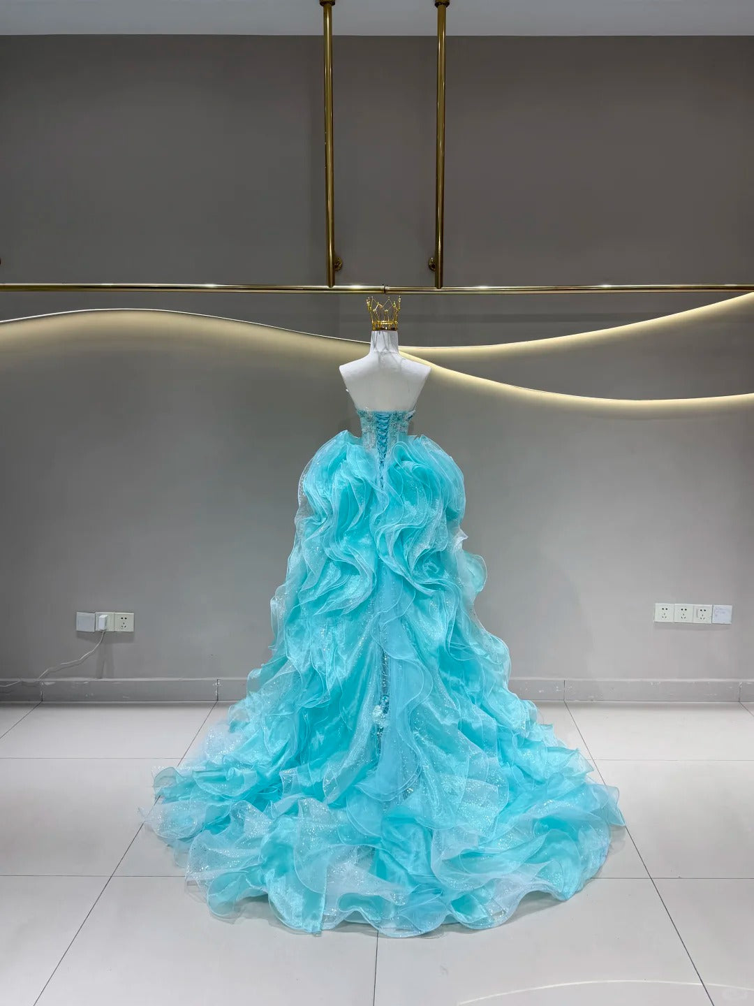 SL231 Aqua Crystal Beaded Mermaid Dress with Voluminous Ruffle Overskirt