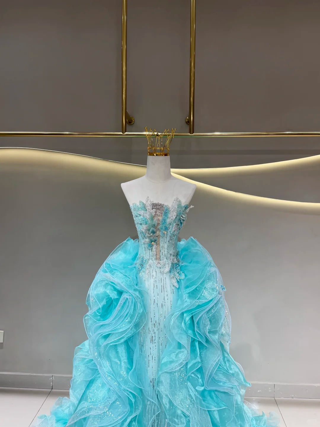 SL231 Aqua Crystal Beaded Mermaid Dress with Voluminous Ruffle Overskirt