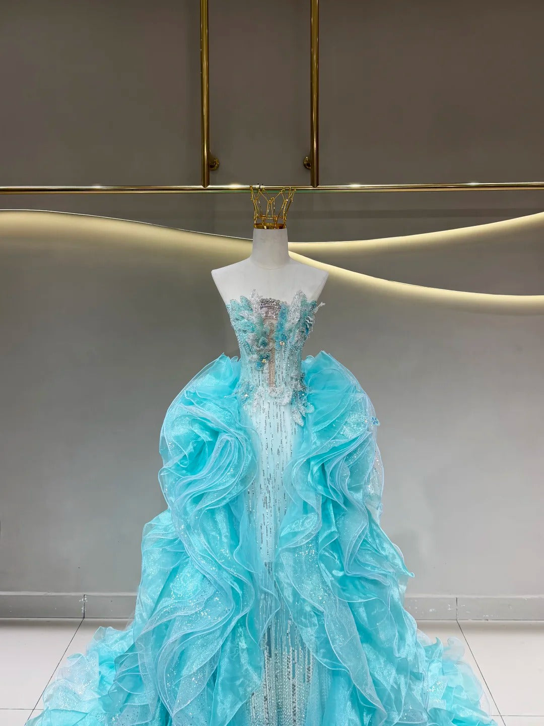 SL231 Aqua Crystal Beaded Mermaid Dress with Voluminous Ruffle Overskirt