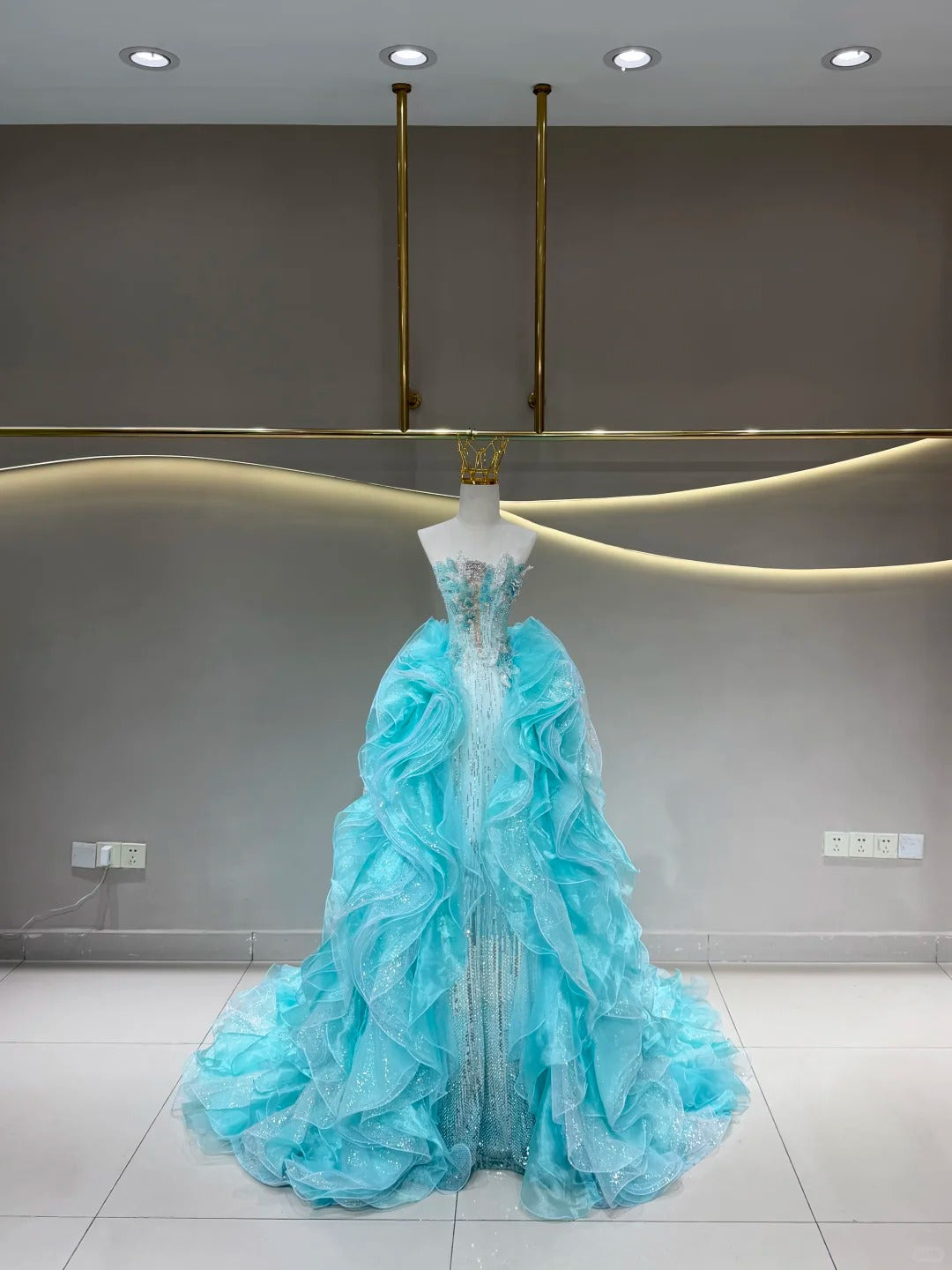 SL231 Aqua Crystal Beaded Mermaid Dress with Voluminous Ruffle Overskirt