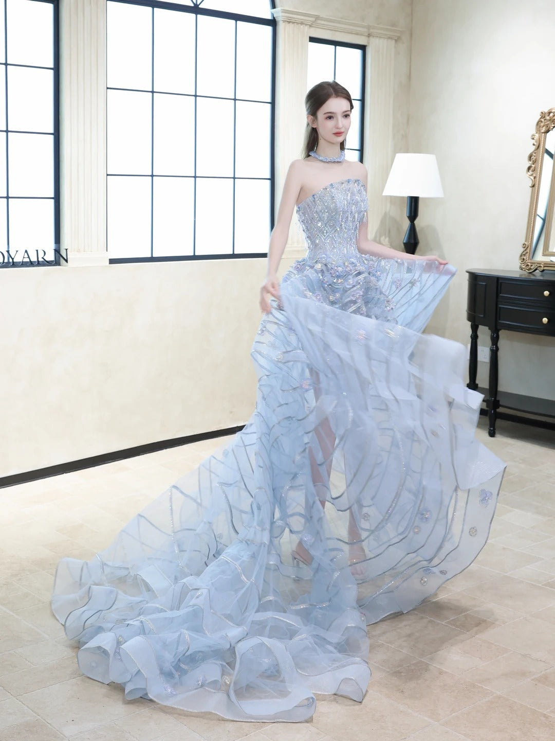 SL237 Luxury Blue Crystal Corset Ball Gown with Matching Choker