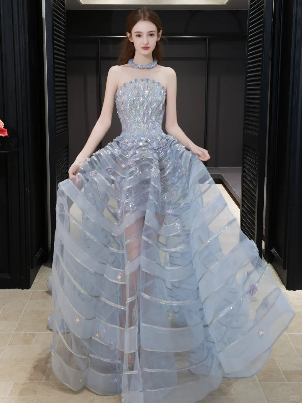 SL237 Luxury Blue Crystal Corset Ball Gown with Matching Choker