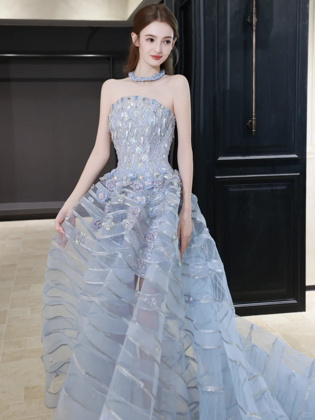 SL237 Luxury Blue Crystal Corset Ball Gown with Matching Choker