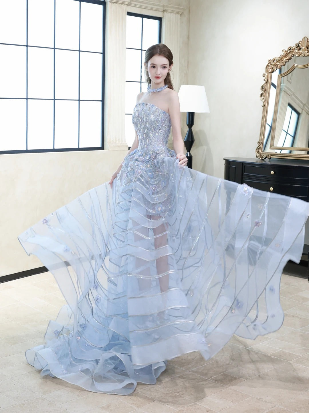 SL237 Luxury Blue Crystal Corset Ball Gown with Matching Choker