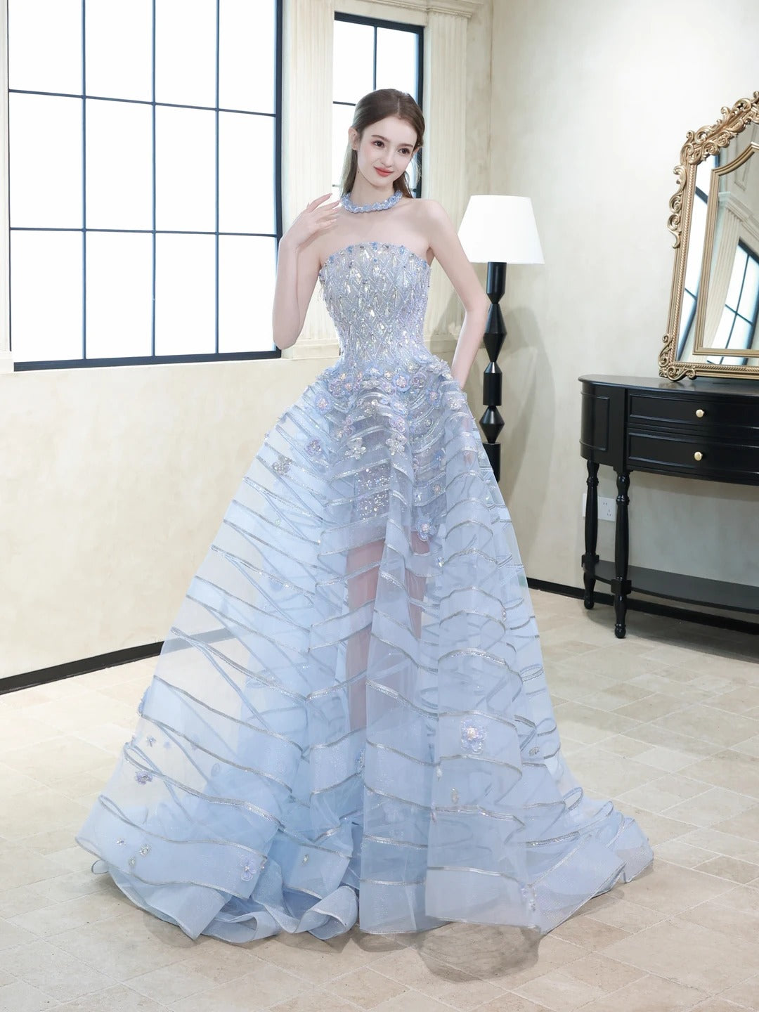 SL237 Luxury Blue Crystal Corset Ball Gown with Matching Choker