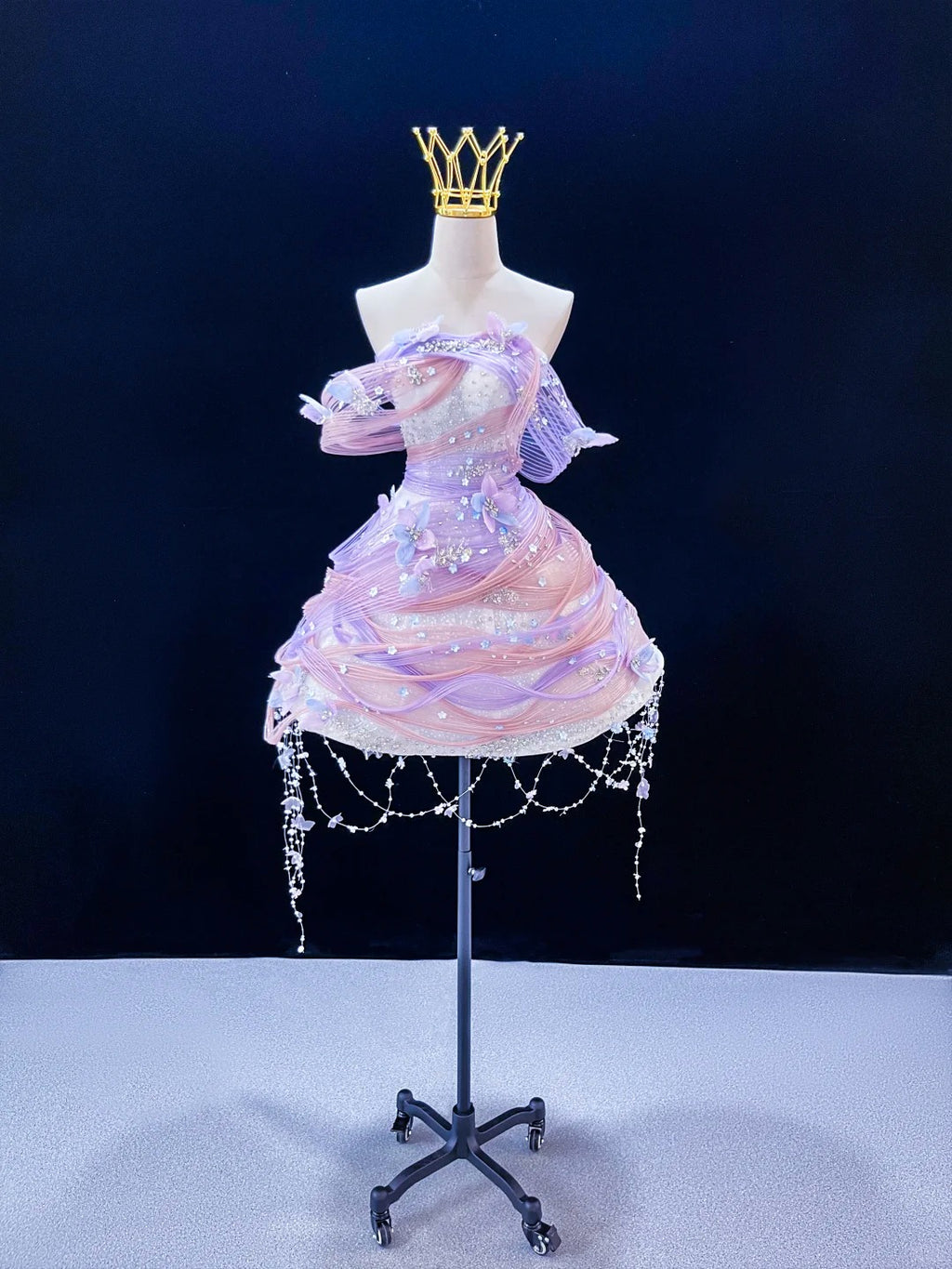 SL238 Lavender Pink Off Shoulder Mini Prom Dress 3D Floral Crystal Princess Dress